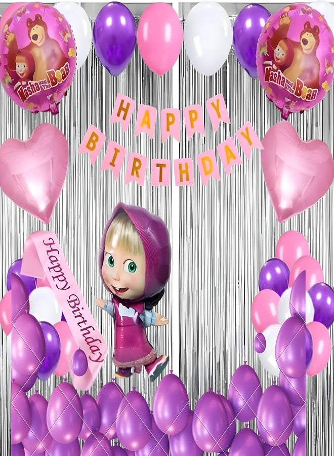 GROOVY DUDZ GROOVYDUDZ Birthday Decoration Kit for Girls - 52 Pcs | Masha Theme Party Supplies | Happy Birthday Banner, Balloons, Curtains, Foil Numbers, Masha Foil Balloon, Heart Balloons, Sash & More (3 Year) - Image 2